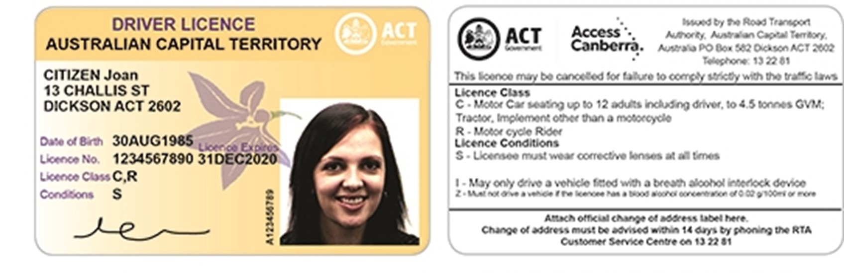 Both sides of the full licence. The positive side is in yellow with a profile photo of the licence holder. The information on the card includes name, address, date of birth, licence number, licence class, condition and card holders' signature.