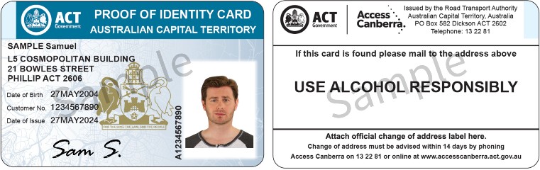 The ACT Proof of identity card is a blue card showing a person's photo and personal information.