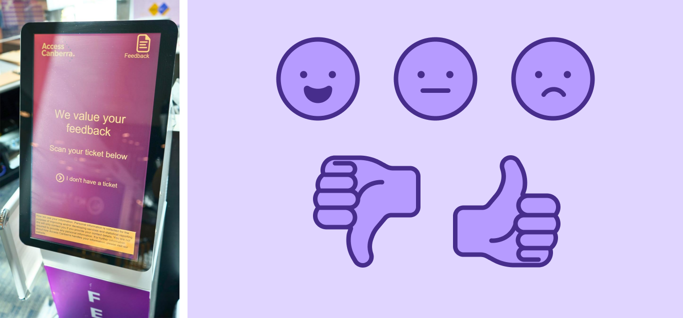 A feedback pedestal screen and icons showing happy, neutral and sad faces, as well as thumbs up and thumbs down icons.